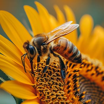 Close-up of a bee on a sunflower, representing nature, pollination, and summer themes.