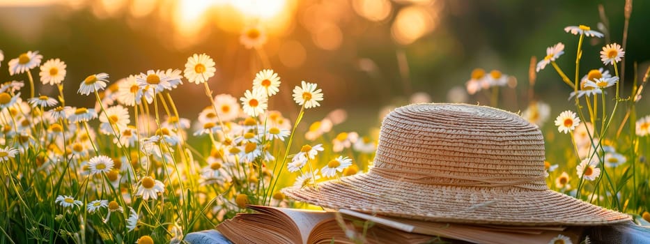 hat and book on a chamomile field. selective focus. nature.