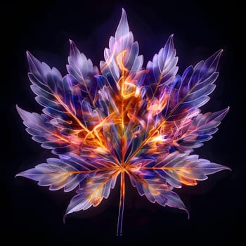 The fiery maple leaf resembles a purple flower petal with electric blue flames, showcasing symmetry and art inspired by terrestrial plants