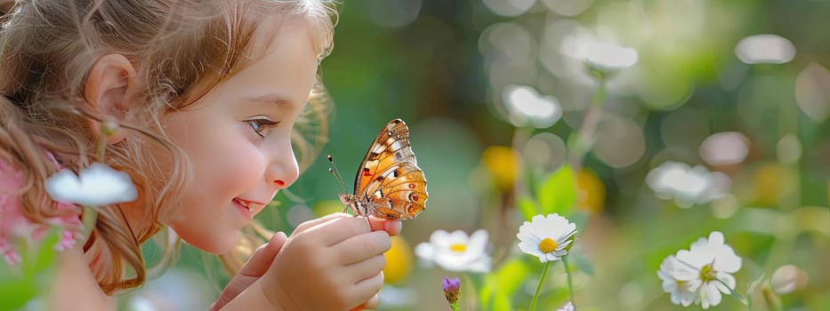 Children look at a butterfly in the garden. Selective focus. Kid.