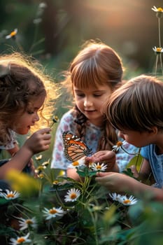 Children look at a butterfly in the garden. Selective focus. Kid.