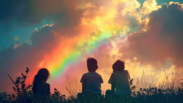 Children look at the rainbow sky. Selective focus. Kid.