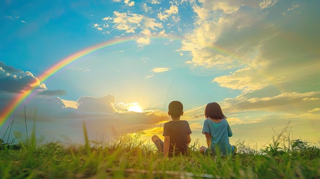 Children look at the rainbow sky. Selective focus. Kid.