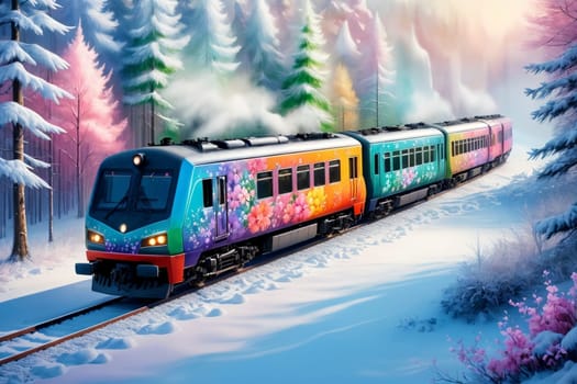 a colorful train with floral painting travels through the forest in winter, in pastel colors .
