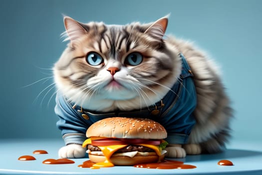 fat cat with big cheeseburger, isolated on blue background .
