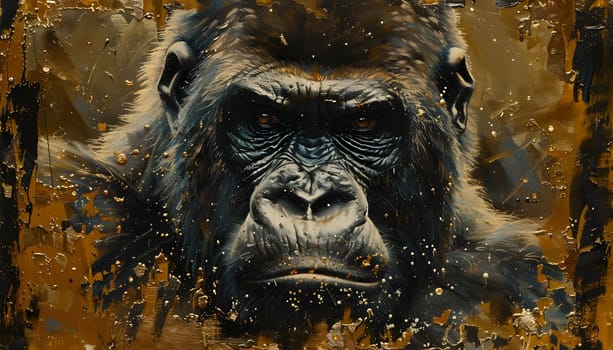 A painting of a Primate, specifically a gorilla, with a fierce expression and wrinkled snout. The terrestrial animal is depicted in a jungle setting with grass, showcasing the artistry of the work