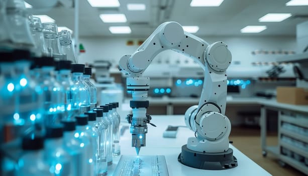 A robot is working in a lab with many bottles and jars by AI generated image.