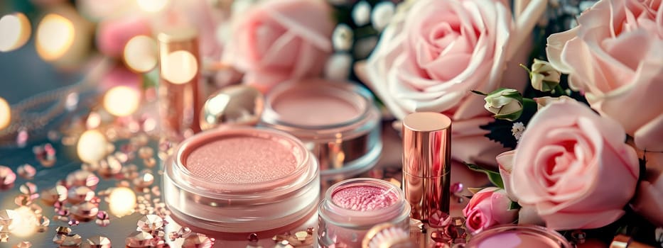 various cosmetics and flowers on the table. selective focus. spa.