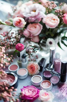 various cosmetics and flowers on the table. selective focus. spa.