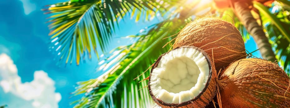 coconut on a background of palm trees and sky. selective focus. nature.