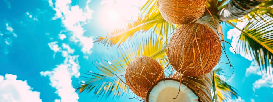 coconut on a background of palm trees and sky. selective focus. nature.