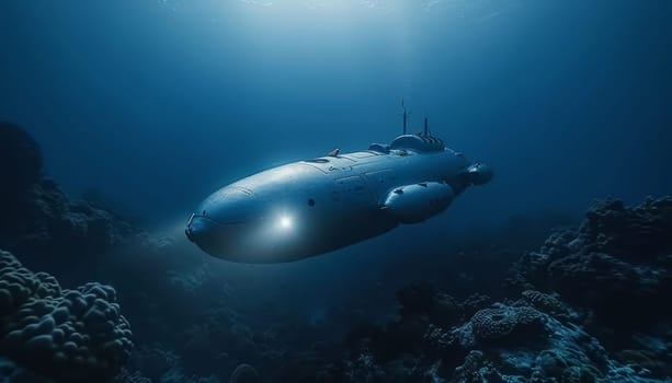 A submarine is floating in the ocean with a bright orange color by AI generated image.