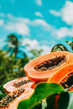 papaya on a background of palm trees and sky. selective focus. nature.