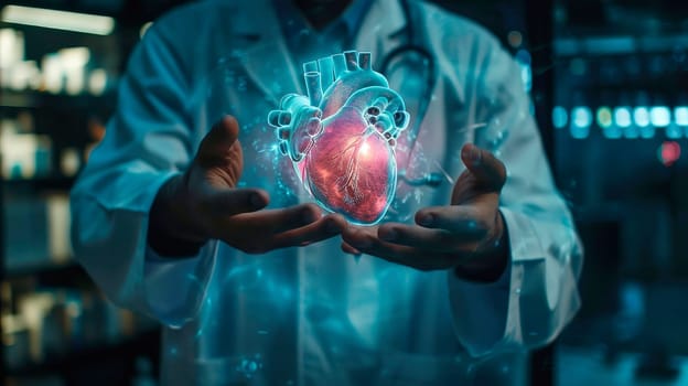 the doctor holds a diagram of the heart in his hands. selective focus. people.