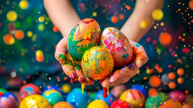 Easter eggs in the hands of a child in his hands. selective focus. food.