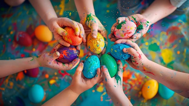 Easter eggs in the hands of a child in his hands. selective focus. food.