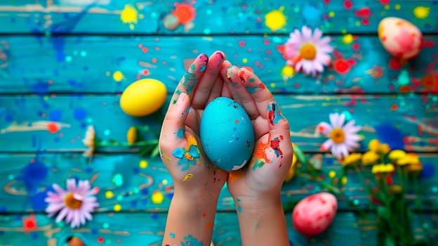 Easter eggs in the hands of a child in his hands. selective focus. food.