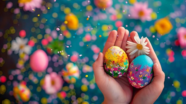 Easter eggs in the hands of a child in his hands. selective focus. food.