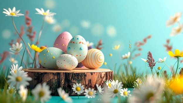 podium and Easter eggs in the garden. selective focus. nature.