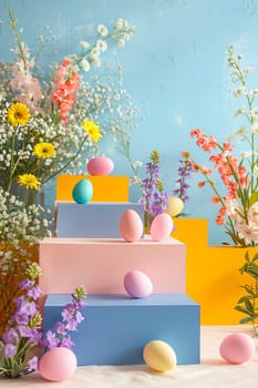 podium and Easter eggs in the garden. selective focus. nature.