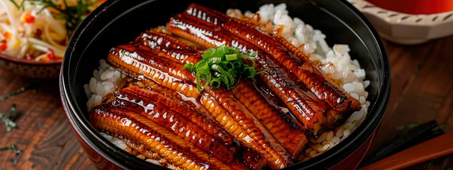 bowl of rice and smoked eel. selective focus. food.