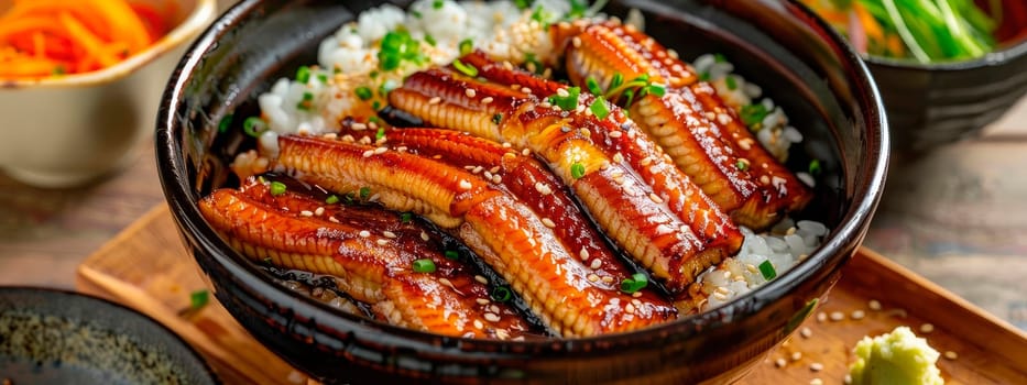 bowl of rice and smoked eel. selective focus. food.