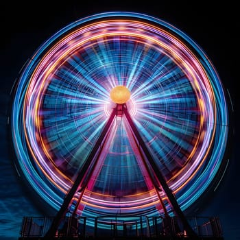 At night, the colorful Ferris wheel lights up the sky with neon visual effect lighting, creating a vibrant and fun entertainment experience by the water