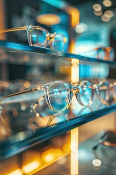 Glasses in an optical store. Selective focus. Medicine.