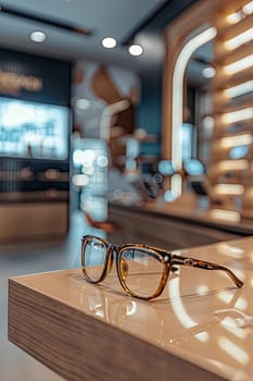 Glasses in an optical store. Selective focus. Medicine.