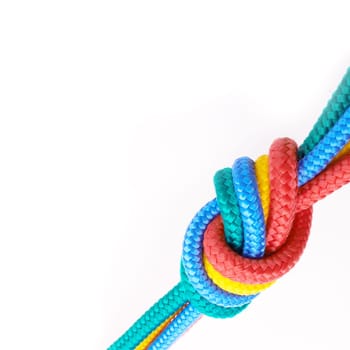 Colourful, rope and knot together in studio for tying with pride, unity and trust. Secure, rainbow and string for unique, security and stop movement of survival objects on isolated white background.
