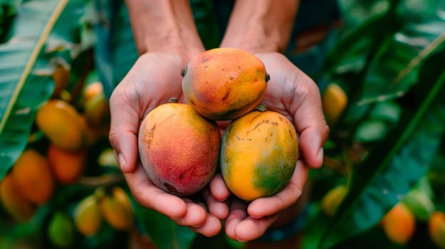 mango in the hands of a farmer. selective focus. food.