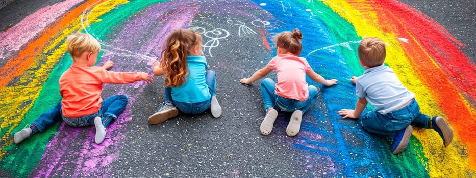 children draw a rainbow on the asphalt with chalk. selective focus. kid.