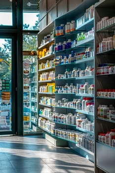 shelves with medicines in a pharmacy. selective focus. medical.