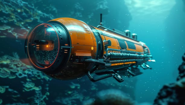 A submarine is floating in the ocean with a bright orange color by AI generated image.