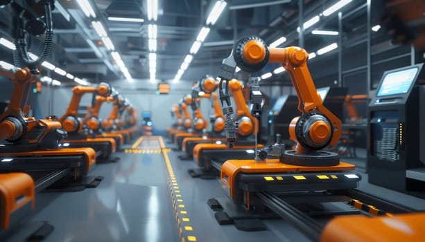 A factory with many robots in orange by AI generated image.