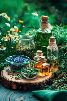 tinctures of flowers and herbs in a bottle. selective focus. nature.