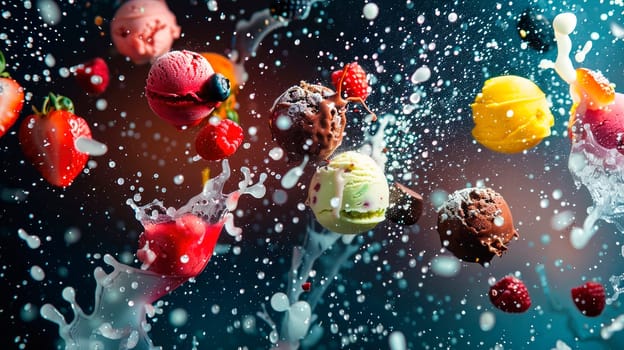 ice cream balls with berries and fruit splash. selective focus. food.