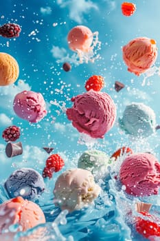 ice cream balls with berries and fruit splash. selective focus. food.