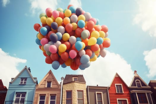 Houses with balloons bunch. Real estate purchasing, moving house and housewarming concept. Generated AI.