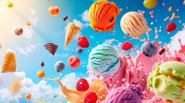 ice cream balls with berries and fruit splash. selective focus. food.