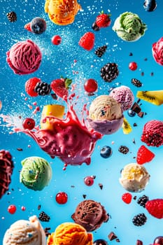 ice cream balls with berries and fruit splash. selective focus. food.