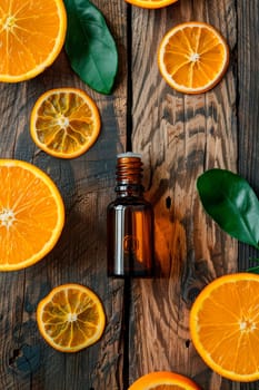 orange essential oil in a bottle. selective focus. nature.