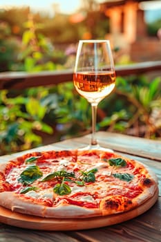 pizza and wine in the garden. selective focus. food.