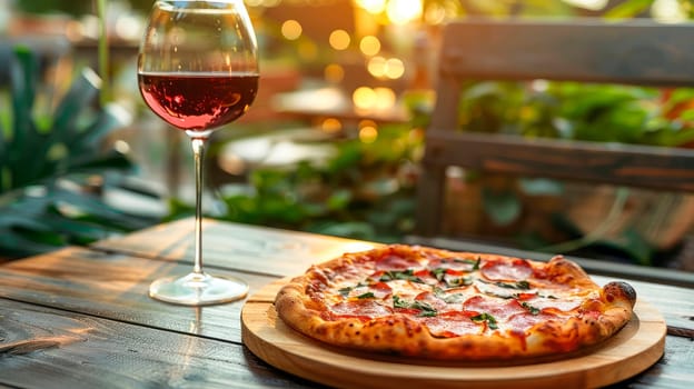 pizza and wine in the garden. selective focus. food.