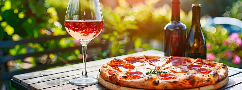 pizza and wine in the garden. selective focus. food.