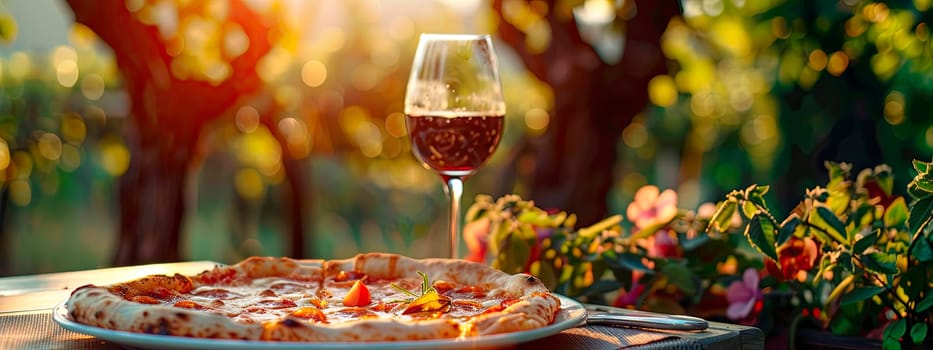 pizza and wine in the garden. selective focus. food.