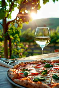 pizza and wine in the garden. selective focus. food.