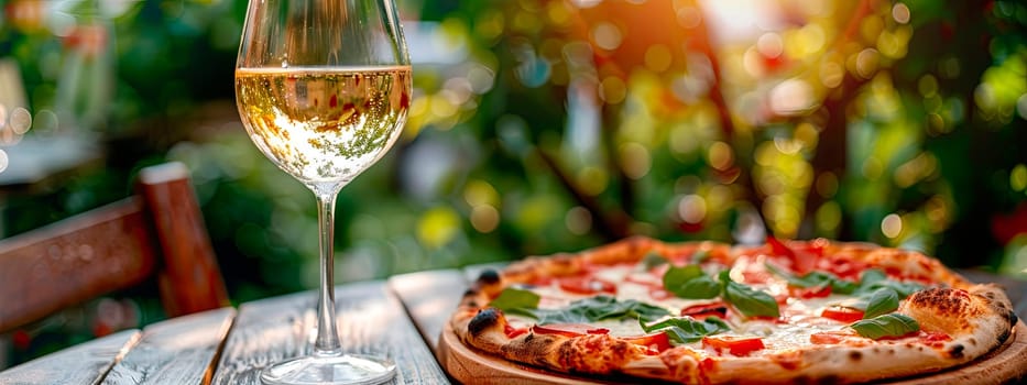 pizza and wine in the garden. selective focus. food.