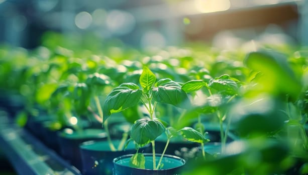 A row of potted plants with green leaves by AI generated image.