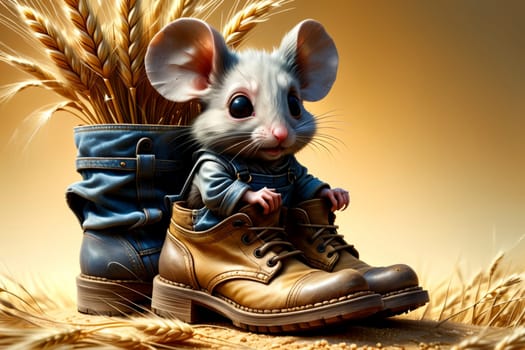 cute mouse in an old shoe among the ears of wheat .